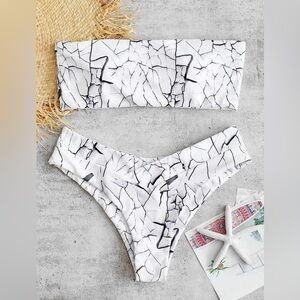 Marble Print Bandeau Bikini Set, White, M/6
